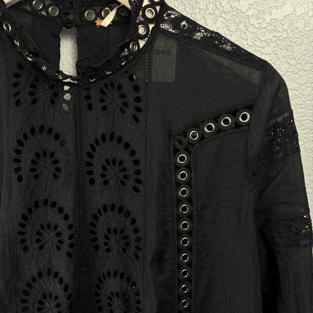 NWT Free People Women’s Black Eyelet Cutout Smock Neck Long Sleeve Dress, Medium - Picture 12 of 13